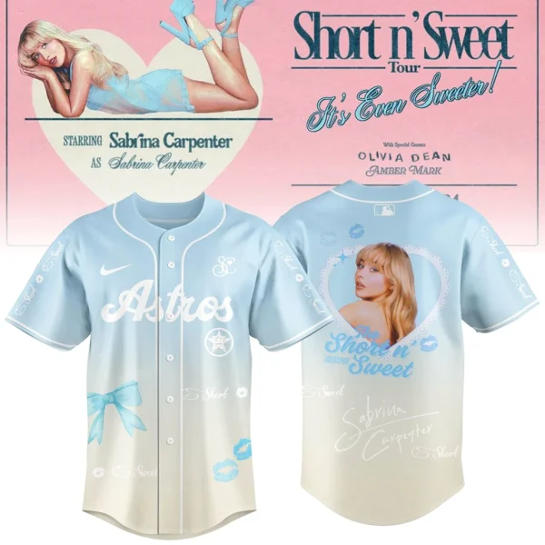 Front and back views of the Houston Astros x Sabrina Carpenter jersey, a light blue and cream design with "Short n' Sweet" tour graphics.