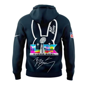 Back of the Houston Texans x Bad Bunny hoodie with a large bunny ear graphic, Super Bowl LIX logo, and Bad Bunny's signature.