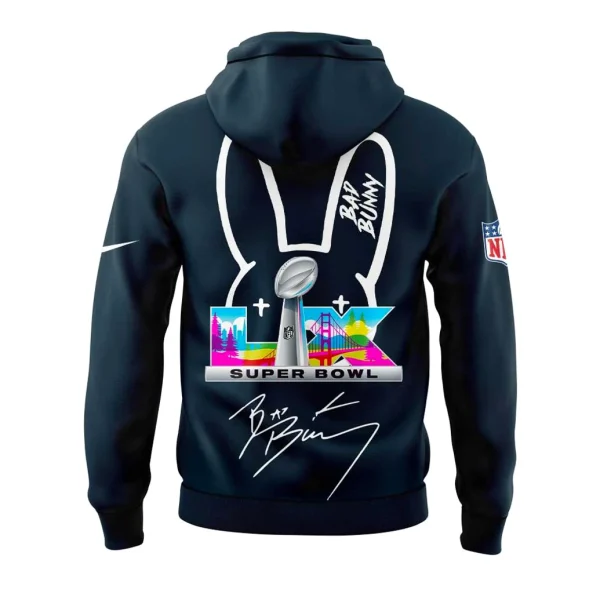 Back of the Houston Texans x Bad Bunny hoodie with a large bunny ear graphic, Super Bowl LIX logo, and Bad Bunny's signature.