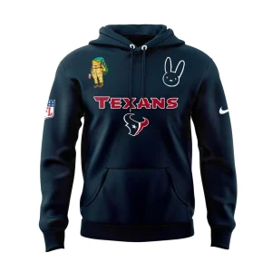 Front of the navy blue Houston Texans x Bad Bunny hoodie featuring the team name, logo, and Bad Bunny's bunny icon.
