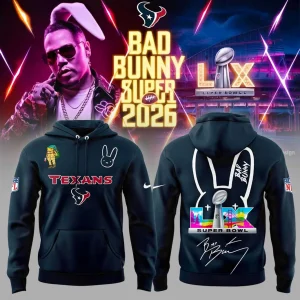 Front and back view of the navy blue Houston Texans hoodie collaboration with Bad Bunny for Super Bowl 2026.