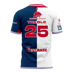 The back of the Hull KR Treble Winners t-shirt with a split navy and white design, displaying the word Treble and the number 25.