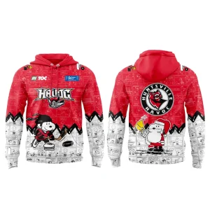 A red and white Huntsville Havoc Peanuts hoodie with Snoopy on the front and back, shown on a clean white background.