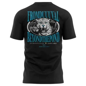 The back of the black Jacksonville Jaguars t-shirt featuring a roaring jaguar and text reading "From Duuuval Beyond The Pond".