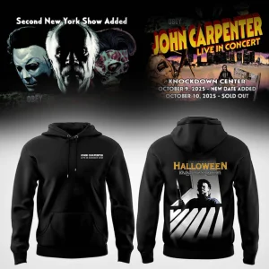 Ad for John Carpenter Live in Concert 2025 featuring the limited edition tour hoodie with a Michael Myers graphic on the back.