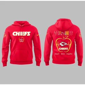 A mockup showing the front and back of the red Kansas City Chiefs Teacher Appreciation hoodie with unique apple and school logos.