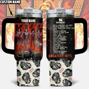 A custom Kiss tumbler showing the band and a greatest hits tracklist. Features a placeholder for a custom name and a handle.