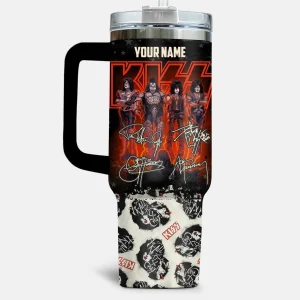 Front view of the Kiss Greatest Hits tumbler displaying the band members, their signatures, and a field to add a custom name.
