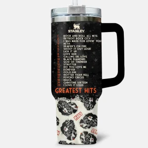 Back view of the Kiss tumbler featuring the "Greatest Hits" tracklist with 20 iconic songs from the legendary rock band.