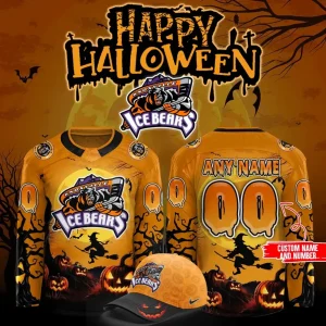 Front and back view of the Knoxville Ice Bears Happy Halloween hockey jersey with a matching cap in a spooky themed setting.