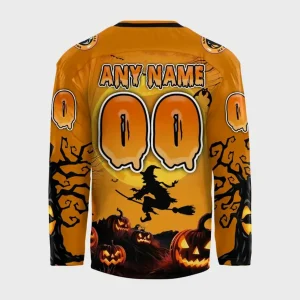 Back of the Knoxville Ice Bears Halloween jersey showing customizable name and number over a spooky pumpkin patch scene.