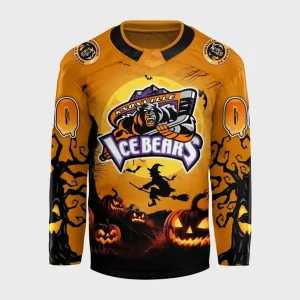 Front of the orange Knoxville Ice Bears Halloween jersey featuring the team logo, jack-o'-lanterns, and a witch silhouette.