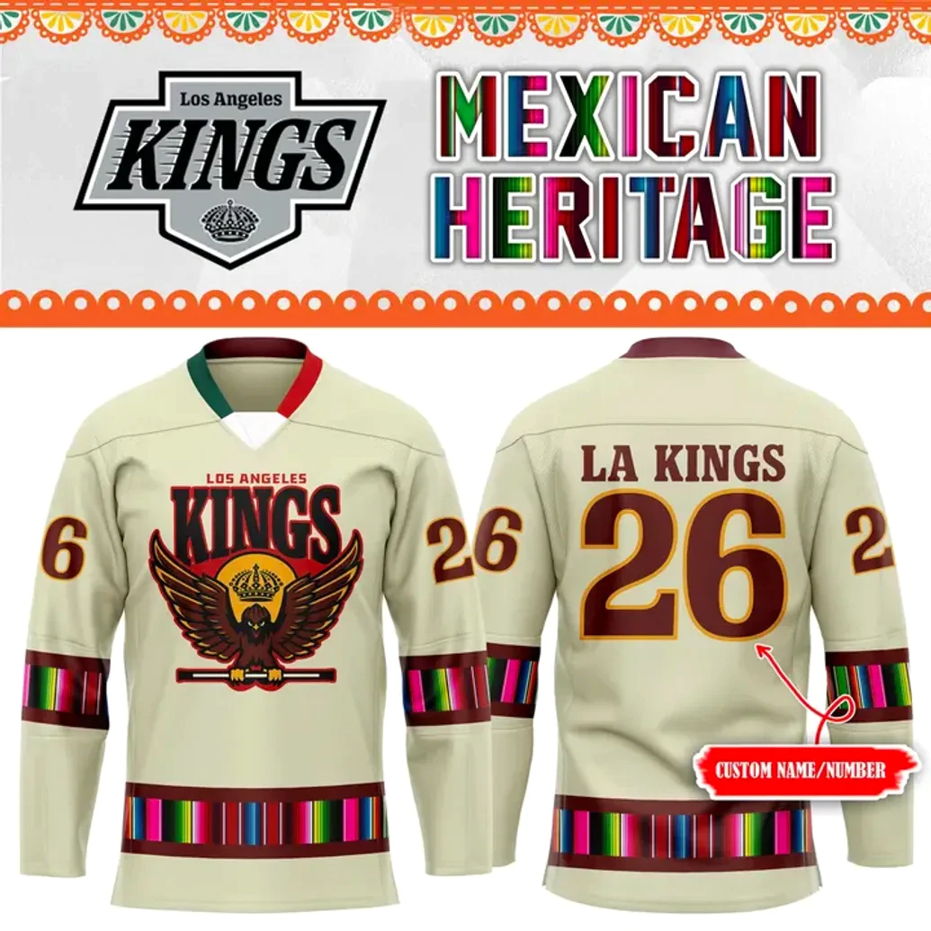 La Kings 2025 Mexican Heritage Limited Edition Jersey | Front And Back View Front and back view of the LA Kings 2025 Mexican Heritage hockey jersey, featuring custom name and number options.