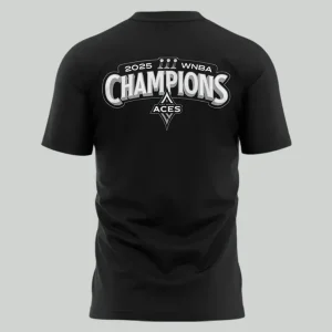 The back of a black t-shirt with a "2025 WNBA Champions" graphic above the Las Vegas Aces logo and three WNBA trophy icons.