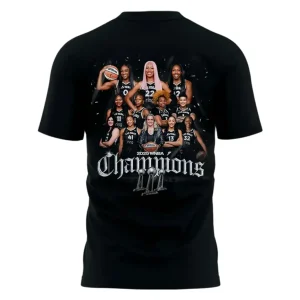Back of the Las Vegas Aces 2025 WNBA Champions t-shirt, showing a full team photo with the text "Champions" and three trophies.