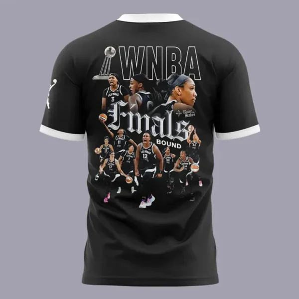 Back view of the Las Vegas Aces Finals Bound t-shirt featuring a large graphic of players, the WNBA trophy, and "Finals Bound" text.