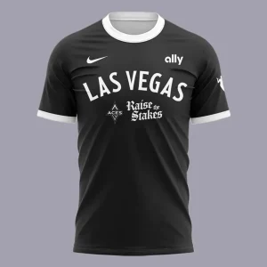 Front view of the black Las Vegas Aces Finals Bound t-shirt with white lettering, the team logo, and sponsor logos.