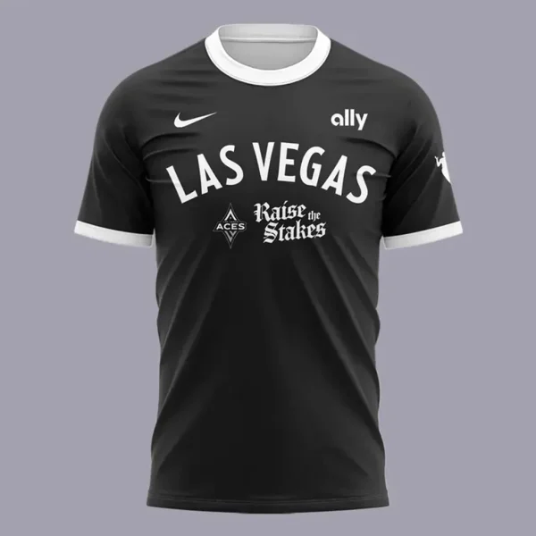 Front view of the black Las Vegas Aces Finals Bound t-shirt with white lettering, the team logo, and sponsor logos.