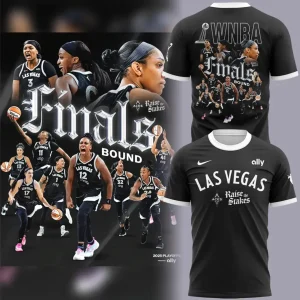 A promotional image showcasing the Las Vegas Aces Finals Bound T-shirt, featuring player graphics and views of the front and back.