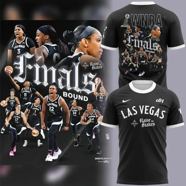 A promotional image showcasing the Las Vegas Aces Finals Bound T-shirt, featuring player graphics and views of the front and back.