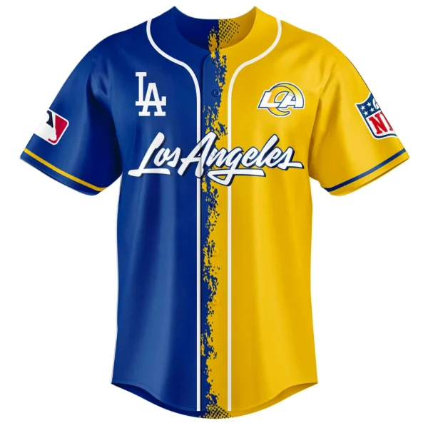 Front of the Los Angeles City Crossover jersey, showing the split blue and yellow design with Dodgers and Rams logos on the chest.