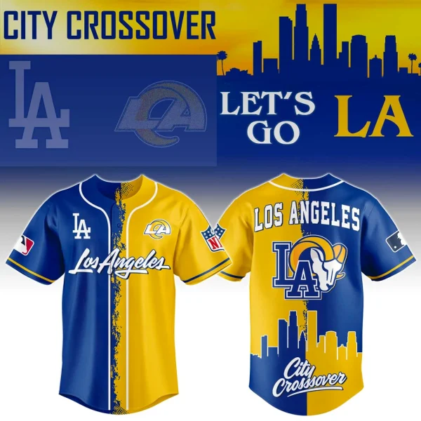 Showcase of the Los Angeles City Crossover baseball jersey, featuring front and back views with Dodgers and Rams logo details.
