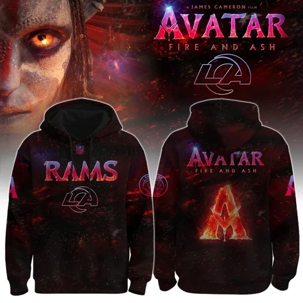 Front and back view of the Los Angeles Rams x Avatar 3 Fire and Ash hoodie, featuring fiery graphics, team, and movie logos.