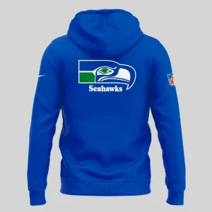 Back view of the Men's Seattle Seahawks blue hoodie, featuring the large Seahawks logo and team name centered on the upper back.