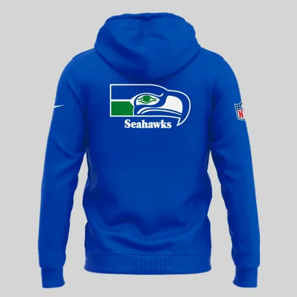 Back view of the Men's Seattle Seahawks blue hoodie, featuring the large Seahawks logo and team name centered on the upper back.