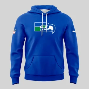 Front view of the Men's Seattle Seahawks blue hoodie, showing the team logo on the chest, a kangaroo pocket, and white drawstrings.