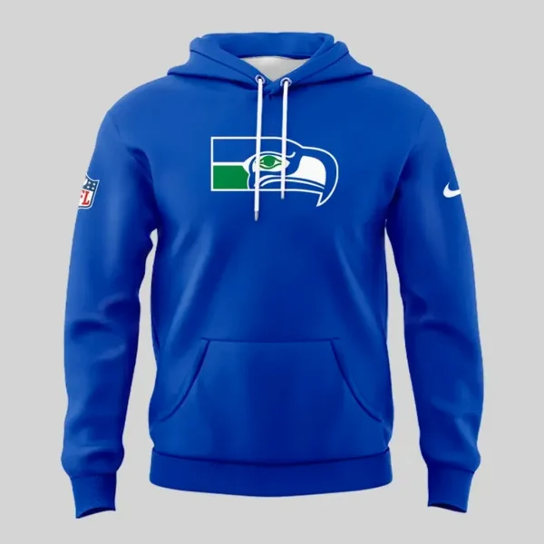 Front view of the Men's Seattle Seahawks blue hoodie, showing the team logo on the chest, a kangaroo pocket, and white drawstrings.