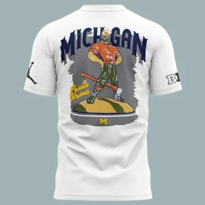 A close-up of the back of the t-shirt with a graphic of Paul Bunyan and his axe under the arched text 'MICHIGAN'.