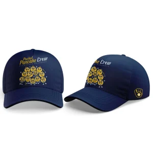 Front and side view of the matching navy blue Milwaukee Brewers Pocket Pancake Crew baseball cap with pancake emoji graphic.
