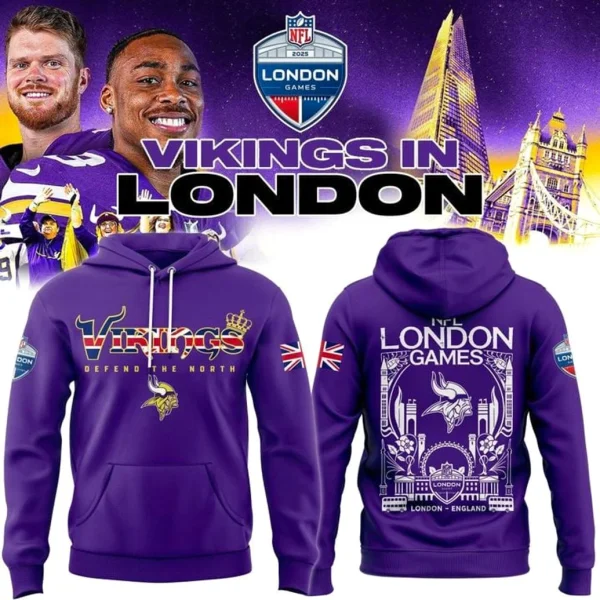 Front and back view of the purple Minnesota Vikings 2025 NFL London Game hoodie with UK-themed graphics and team logos.