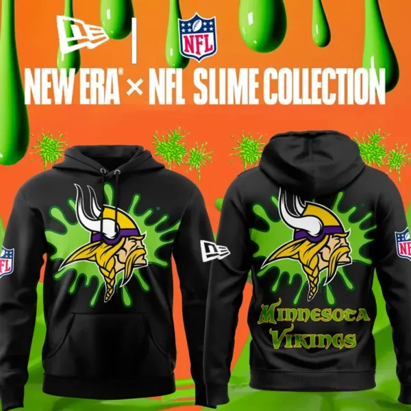 Promotional image showing the front and back of the black Minnesota Vikings Nickelodeon Slime hoodie with green slime graphics.