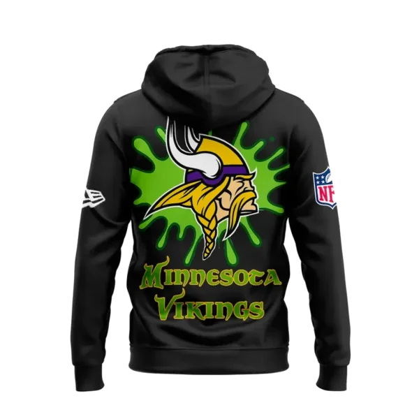 Back of the black Minnesota Vikings hoodie with a large team logo and the team name written in a green slime-style font.