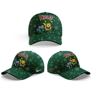 Three angles of a matching green baseball cap with a snowflake pattern, featuring Pikachu and Squirtle from the Pokemon collection.