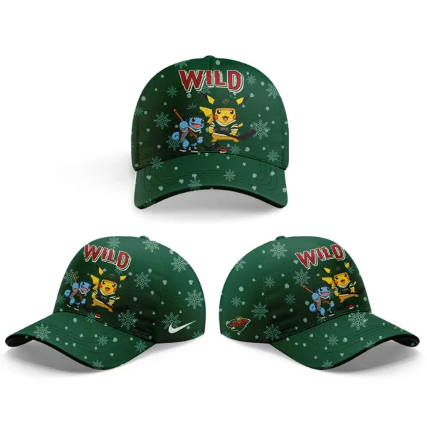 Three angles of a matching green baseball cap with a snowflake pattern, featuring Pikachu and Squirtle from the Pokemon collection.