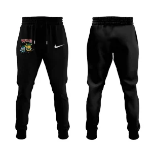 Front and back view of black sweatpants with a small Minnesota Wild Pokemon graphic featuring Pikachu and Squirtle on the leg.