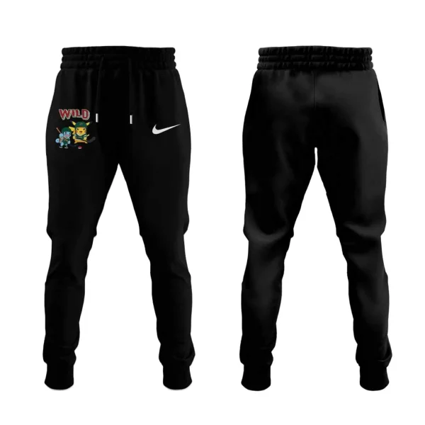 Front and back view of black sweatpants with a small Minnesota Wild Pokemon graphic featuring Pikachu and Squirtle on the leg.