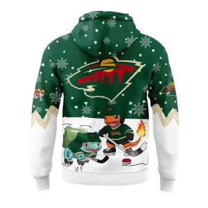 A close-up of the back of the Minnesota Wild Pokemon hoodie, showing the team logo with Bulbasaur and Charmander playing hockey.