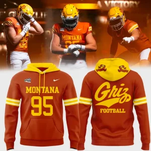 Promotional image of the Montana Grizzlies 2025 orange hoodie, showing front and back views with players.