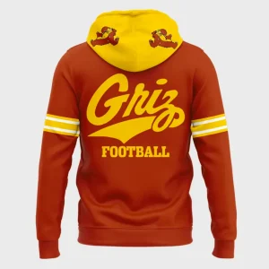Back of the Montana Grizzlies orange hoodie with 'Griz FOOTBALL' in yellow script on the back.