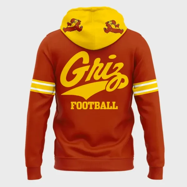 Back of the Montana Grizzlies orange hoodie with 'Griz FOOTBALL' in yellow script on the back.