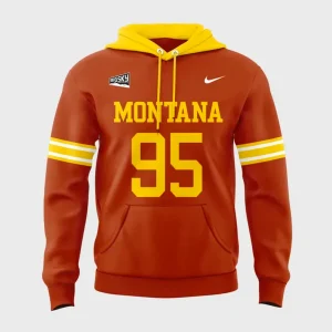 Front of the Montana Grizzlies orange hoodie with 'MONTANA' and number '95' in yellow text.