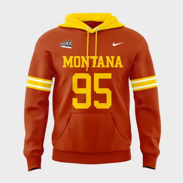 Front of the Montana Grizzlies orange hoodie with 'MONTANA' and number '95' in yellow text.