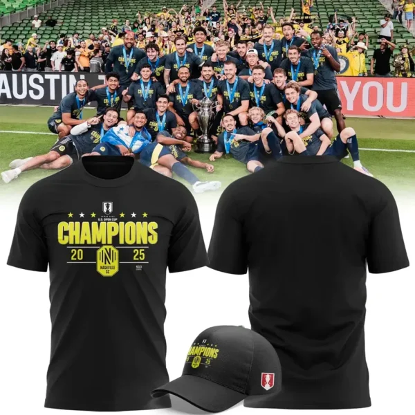 A mockup showing the front and back of the Nashville Soccer Champions t-shirt, a matching cap, and a team celebration photo.