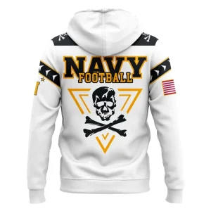 Back view of the Navy Midshipmen hoodie, displaying "NAVY FOOTBALL" text above a large skull and crossbones graphic.