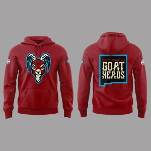 Front and back product view of the New Mexico Goatheads 2025 Special Edition Red Hoodie on a grey background.