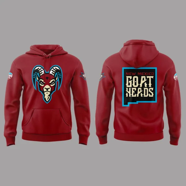 Front and back product view of the New Mexico Goatheads 2025 Special Edition Red Hoodie on a grey background.